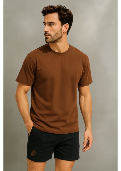 Store %100 Organik Pamuk Nefes Alan Tok Yumuşak Dokulu Premium Yarım Oversize Bisiklet Yaka Basic Erkek/Unisex Tişört Kahverengi fiyatları