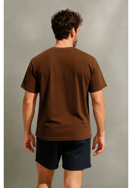 Store %100 Organik Pamuk Nefes Alan Tok Yumuşak Dokulu Premium Yarım Oversize Bisiklet Yaka Basic Erkek/Unisex Tişört Kahverengi modelleri