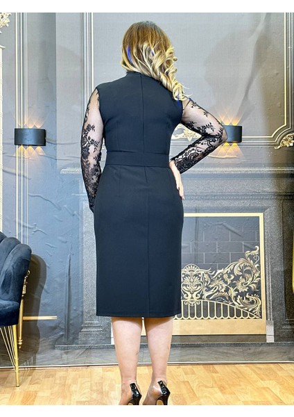 Abiye Elbise Kadın Siyah Krep Dantel Kol V Yaka Tokalı Kemerli Yüksek Kalite Midi Elbise Şık Gece modelleri