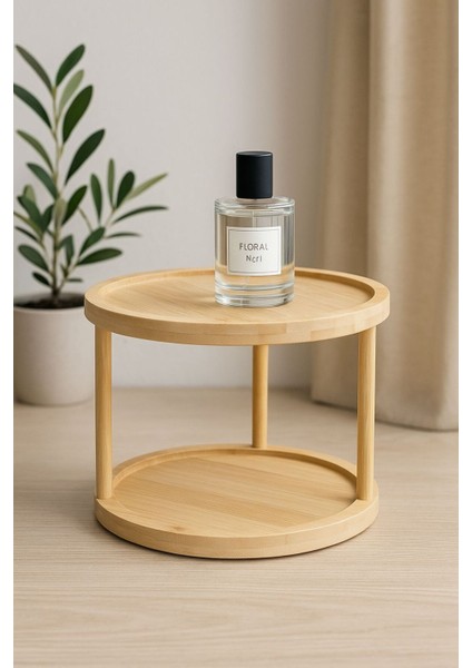 Bambu Dönerli 2 Katlı Çok Amaçlı Düzenleyici, Şık ve Pratik Makyaj Saklama Çözümü