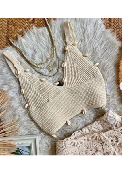 Deniz Kabuklu Örme Kumaş Krem Rengi Büstiyer Üst fiyatları