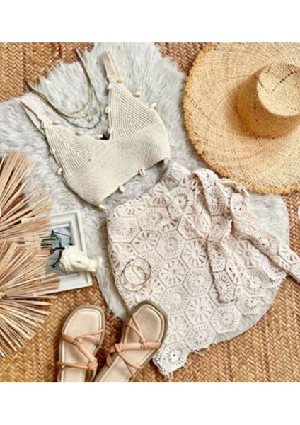 Deniz Kabuklu Örme Kumaş Krem Rengi Büstiyer Üst fırsatları