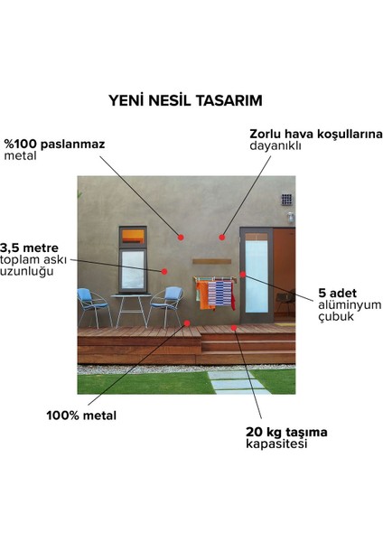 Gri 5 Borulu Duvara Monte Açılır Kapanır Çamaşır Askısı 70 cm