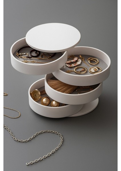 Beyaz 4 Katlı Döner Takı Organizeri, Şık ve Pratik Takı Düzenleme Kutusu