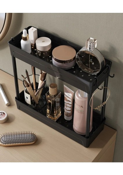 Iki Raflı Siyah Kozmetik ve Takı Düzenleyici, Pratik ve Şık Organizatör