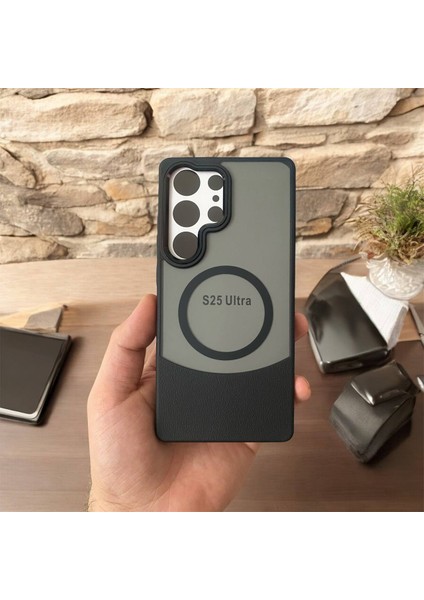 Samsung Galaxy S25 Ultra Deri Görünümlü Kapak Magsafe Manyetik Kablosuz Şarj Telefon Kılıfı .