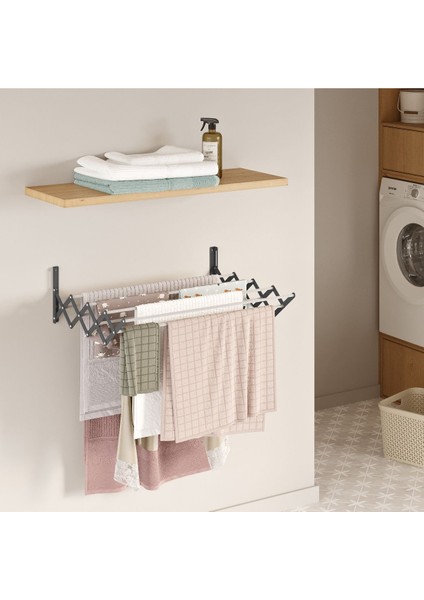 70 cm Siyah Duvara Monte Akordiyon Çamaşır Askısı, Pratik ve Dayanıklı Tasarım