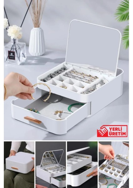 Şık Bej Aynalı Çok Bölmeli Makyaj ve Takı Organizer Krem