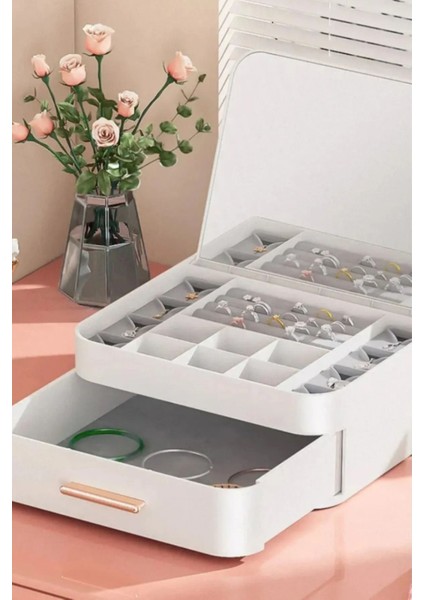 Şık Bej Aynalı Çok Bölmeli Makyaj ve Takı Organizer Krem fırsatları