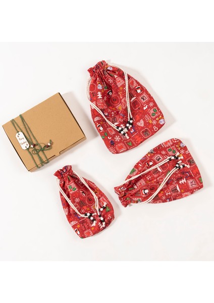 Yılbaşı Temalı Kumaş Kese Torba 3'lü Set – Hediye Paketi & Valiz Organizer | Kırmızı Bez Çanta fiyatları