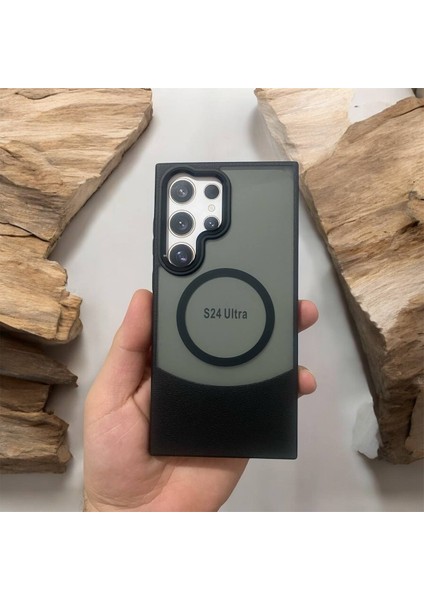 Samsung Galaxy S24 Ultra Deri Görünümlü Kapak Magsafe Manyetik Kablosuz Şarj Telefon Kılıfı .