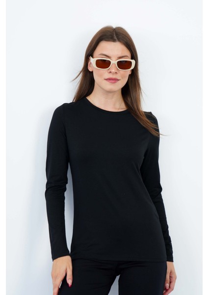 Kadın Zarif İnce Gösteren Viskon Tişört-Siyah