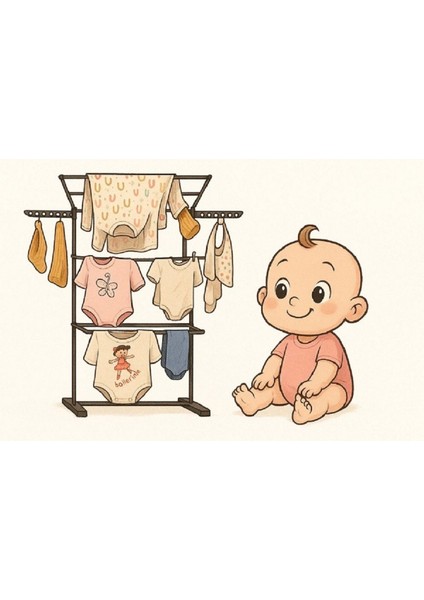 3 Katlı Bebek Çamaşır Kurutma Askısı, Siyah, Pratik ve Kullanışlı Tasarım