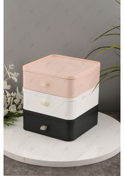 Renkli 3 Çekmeceli Çok Amaçlı Makyaj Organizeri, 3 Katlı, Gri-Pembe-Beyaz