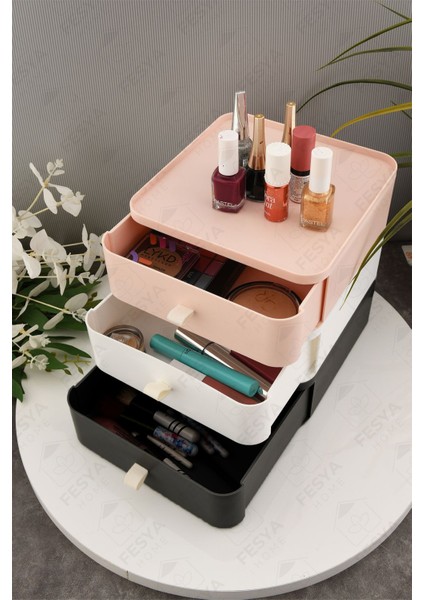 Renkli 3 Çekmeceli Çok Amaçlı Makyaj Organizeri, 3 Katlı, Gri-Pembe-Beyaz modelleri
