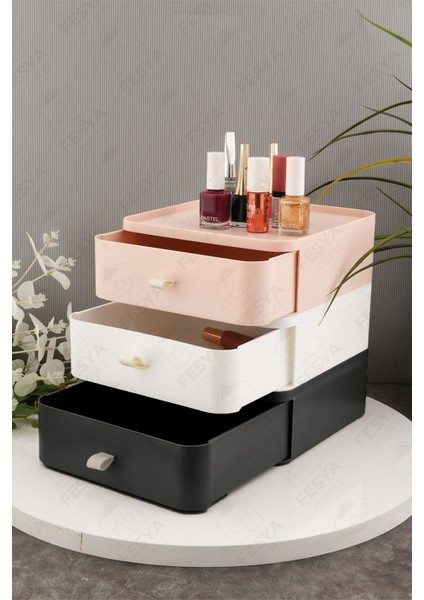 Renkli 3 Çekmeceli Çok Amaçlı Makyaj Organizeri, 3 Katlı, Gri-Pembe-Beyaz indirimleri