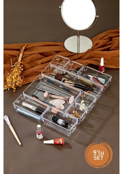 Şeffaf 9 Parça Ayarlanabilir Çekmece Içi Düzenleyici Makyaj ve Takı Organizeri