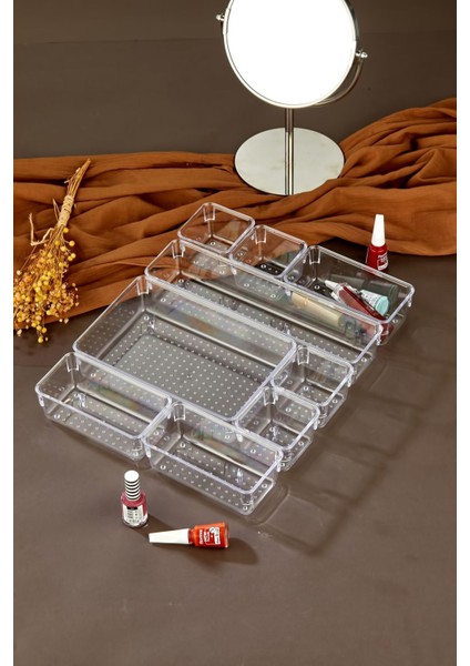 Şeffaf 9 Parça Ayarlanabilir Çekmece Içi Düzenleyici Makyaj ve Takı Organizeri fiyatları