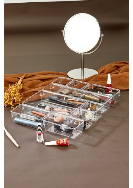 Şeffaf 9 Parça Ayarlanabilir Çekmece Içi Düzenleyici Makyaj ve Takı Organizeri modelleri