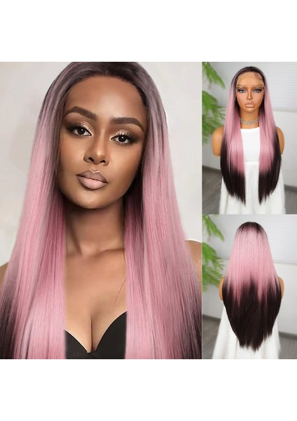 Koyu Kestane Pembe Ombreli Fiber Sentetik Tül Peruk