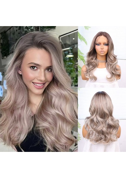 Açık Kumral Platin Ombreli ve Işıltılı Bebek Saçlı Fiber Sentetik Tül Peruk