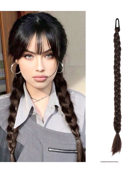 İkili Örgü Lastik Tokalı At Kuyruğu / Kahve Karamel