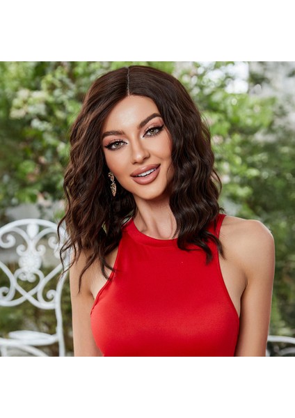 Kısa Omuz Hizasında Açık Kahverengi Fiber Sentetik Tül Peruk