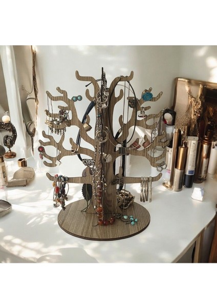 Kahverengi Ahşap Takı Ağacı, Kolye ve Küpe Standı, Makyaj ve Düzenleme Ürünü