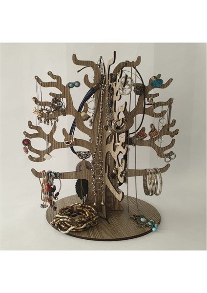Kahverengi Ahşap Takı Ağacı, Kolye ve Küpe Standı, Makyaj ve Düzenleme Ürünü
