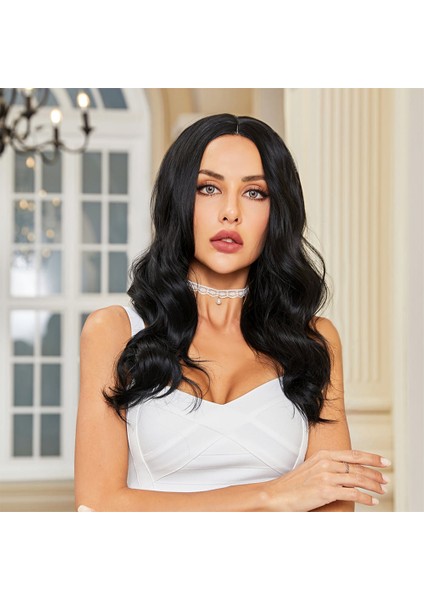 Siyah Geniş Dalgalı Fiber Sentetik Tül Peruk