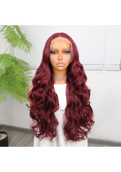 Gür Yoğun Su Dalgalı Koyu Kızıl Fiber Sentetik Uzun Tül Peruk