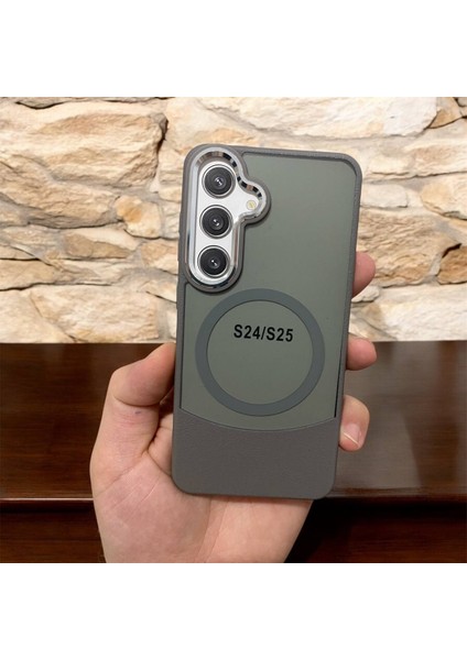 Samsung Galaxy S24/S25 Uyumlu Deri Görünümlü Kapak Magsafe Manyetik Kablosuz Şarj Telefon Kılıfı