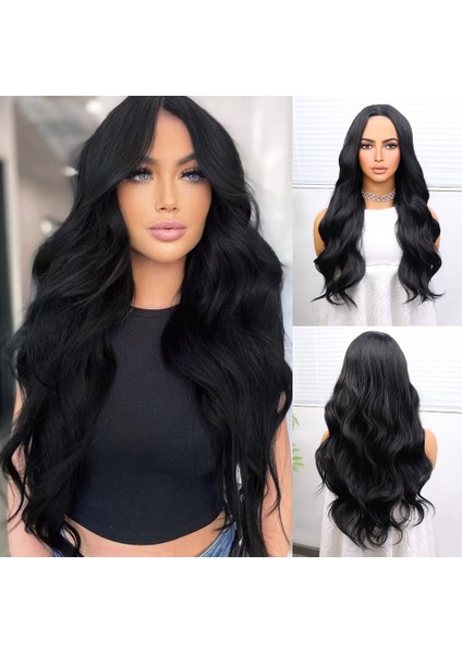 Uzun Siyah Su Dalgalı Fiber Sentetik Tül Peruk