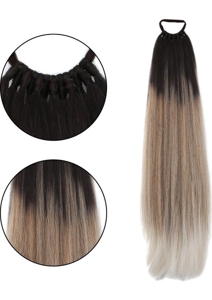 Lastik Tokalı At Kuyruğu Düz / Kahverengi / Kumral Ombre Beyaz Platin Röfle