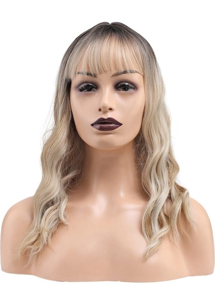 Dalgalı Kısa Perçemli Fiber Sentetik Peruk Kahve Platin Ombre ve Röfleli