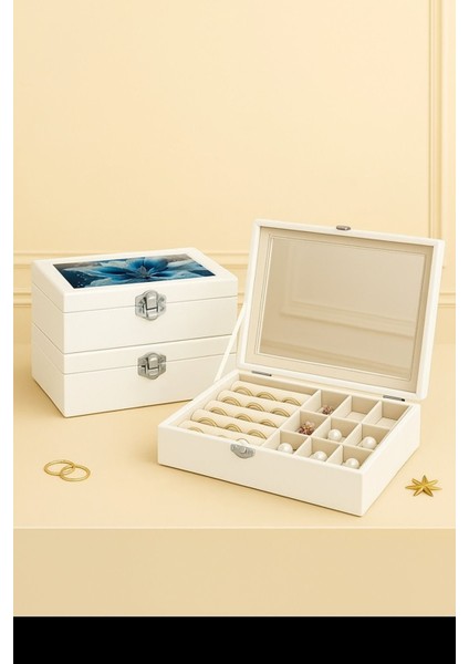 Aynalı, Çizimli Takı Kutusu ve Düzenleyici, Şık Beyaz Tasarım