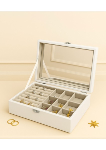 Aynalı, Çizimli Takı Kutusu ve Düzenleyici, Şık Beyaz Tasarım fiyatları