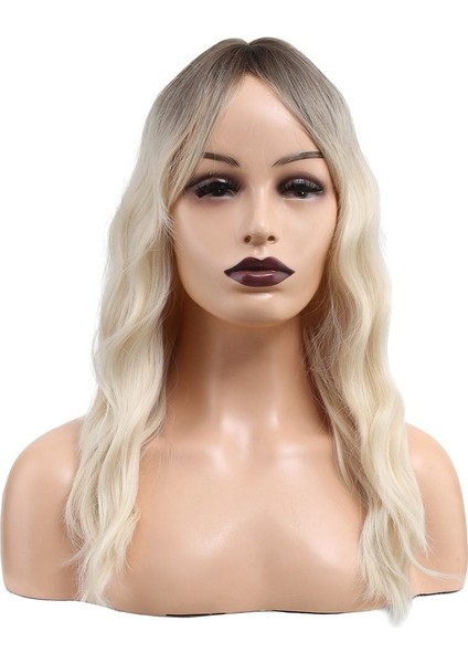 Dalgalı Perçemli Fiber Sentetik Orta Boy Peruk Kahverengi Beyaz Platin Ombreli