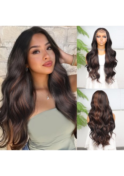 Koyu Kahverengi ve Bakır Işıltılı Dalgalı Fiber Sentetik Tül Peruk