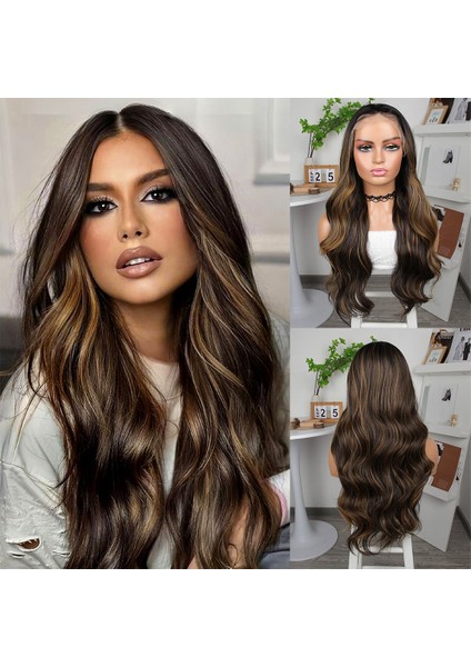 Koyu Kestane Karamel Işıltılı Fiber Sentetik Geniş Dalgalı Tül Peruk