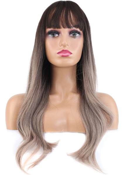 Doğal Dalgalı Perçemli Fiber Sentetik Uzun Boy Peruk Koyu Kumral Rus Kumralı Ombre ve