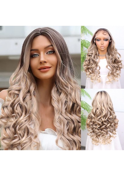Kumral Platin Ombre Bebek Saçlı Fiber Sentetik Yoğun Dalgalı Tül Peruk