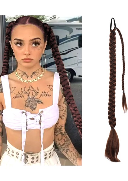 Üçlü Örgülü Tokalı Bağlamalı At Kuyruğu Çikolata Kahve