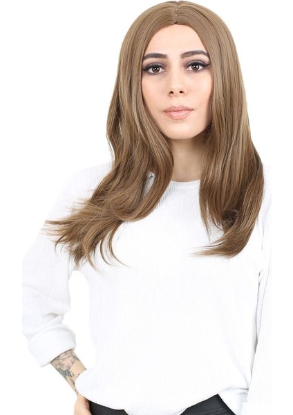 Kahkülsüz Fiber Sentetik Orta Boy Düz Peruk / Kumral