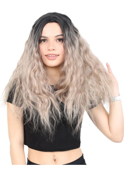 Kabarık Dalgalı Uzun Fiber Sentetik Peruk Siyah Küllü Bebek Sarı Ombreli