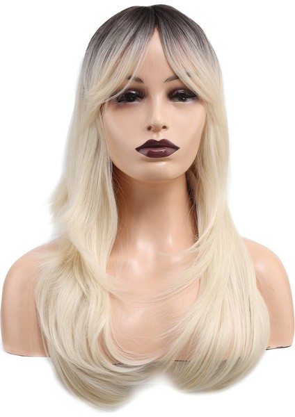 Katlı Kesim Perçemli Düz Fiber Sentetik Orta Boy Peruk Kahve Platin Ombreli