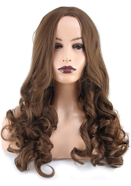 Dalgalı Perçemsiz Uzun Fiber Sentetik Peruk / Koyu Kumral