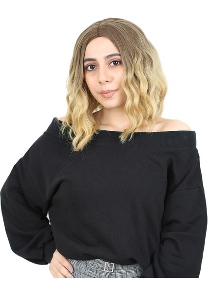 Fiber Sentetik Kısa Dalgalı Perçemsiz Peruk Kumral Sarı Ombreli