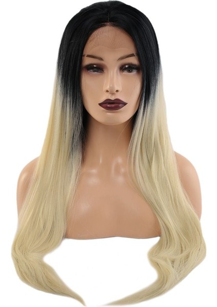 Fiber Sentetik Düz Uzun Tül Peruk Siyah Platin Orta Ombreli