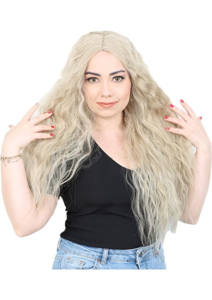 Kabarık Dalgalı Uzun Fiber Sentetik Peruk / Balköpüğü / Platin Röfleli